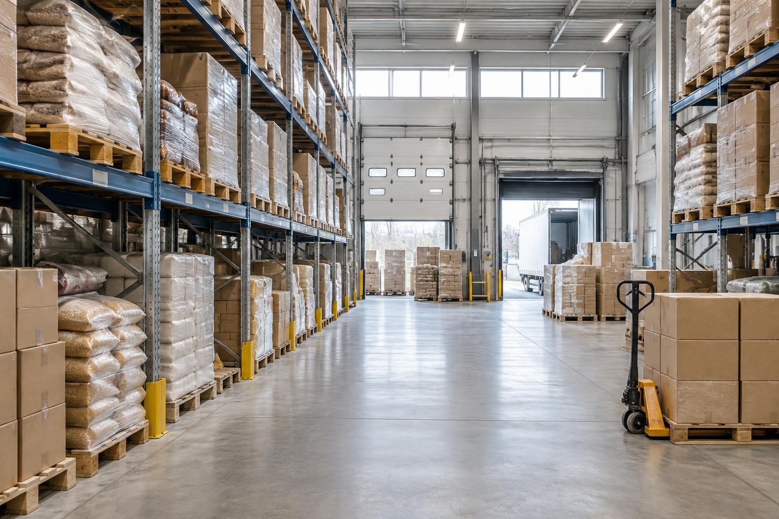 Lager med pallar för livsmedelsdistribution